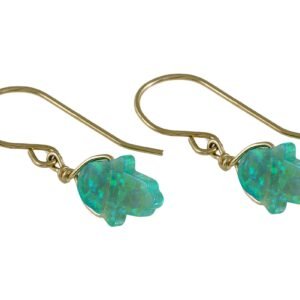 Gold opal green hamsa dangle 14k gold filled earrings